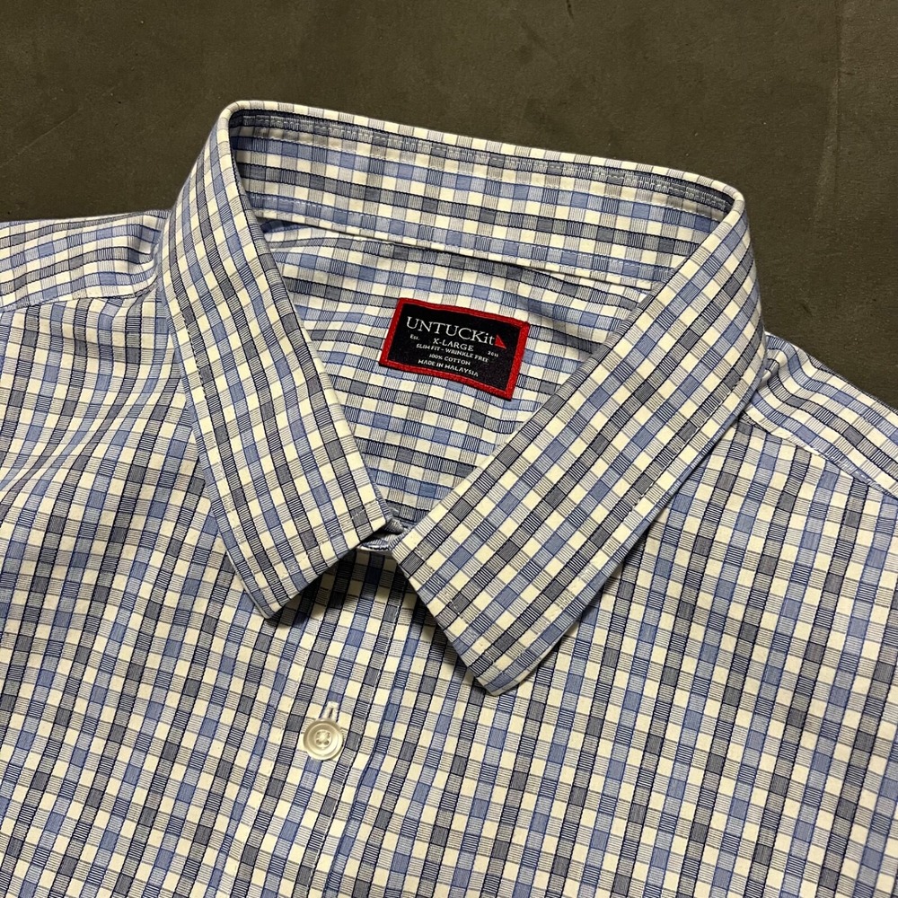 Untuckit Shirt Mens XL Blue Plaid Short Sleeve Button Up‎ Dante Preppy Cotton